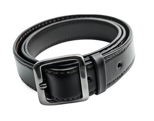 Black leather belt with silver buckle, high-quality men’s accessory for formal and casual fashion outfits, stylish wardrobe item isolated on transparent background