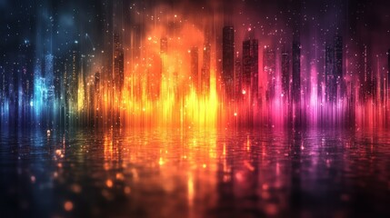 Poster - A vibrant abstract cityscape with colorful lights reflecting on a water surface.
