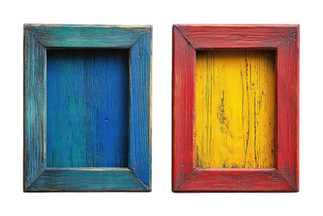 Set of two colorful rustic wooden picture frames with aged blue and yellow paint, retro photo decor for wall art isolated on transparent background