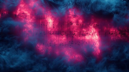 Poster - A vibrant abstract design featuring music notes amidst colorful smoke.