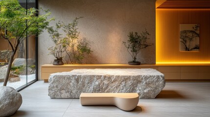 Poster - A serene interior featuring natural materials and minimalist design for relaxation.