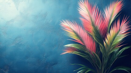 Poster - A vibrant arrangement of pink and green tropical plants against a textured blue background.
