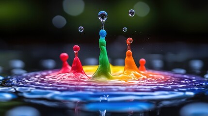 Poster - Colorful droplets create a vibrant splash against a dark background, showcasing fluid dynamics.