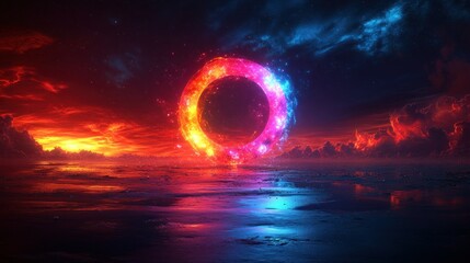 Poster - A vibrant cosmic portal surrounded by a dramatic sunset over a reflective ocean.