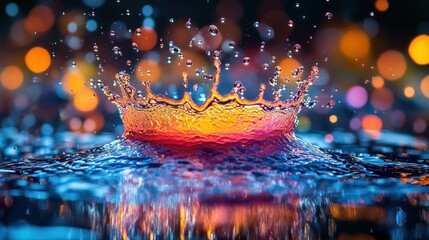 Poster - A vibrant splash of water with colorful bokeh in the background.