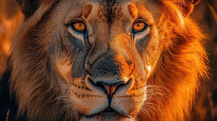 Wall Mural - Close-up portrait of a majestic male lion at sunset, showcasing its intense gaze and golden mane.