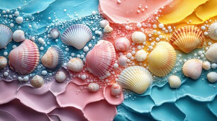 Poster - Colorful abstract design featuring seashells and bubbles on a textured surface.