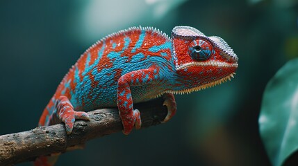 Wall Mural - Vibrant red and blue chameleon perched on a branch in a lush green forest.