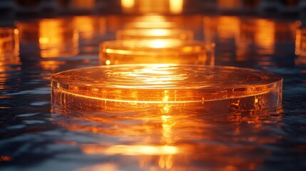 Poster - Glowing amber discs in water, abstract background.