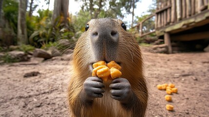 Wall Mural - Close-up of a capybara eating treats outdoors.