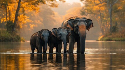 Wall Mural - Elephant family wading in a calm river at sunrise, surrounded by golden autumn foliage.