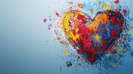 Poster - Colorful Heart Shape Abstract Art with Vibrant Splashes of Paint on Blue Background