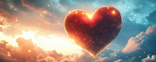 Poster - Radiant Heart Shining in Bright Sky Among Colorful Clouds at Sunset