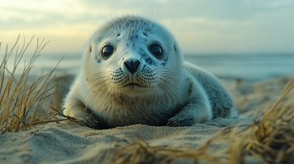 Wall Mural - Adorable baby grey seal pup on sandy beach at sunset, looking directly at camera.