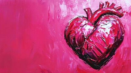 Poster - Vivid Art of Red Heart with Anatomical Detail on Bright Pink Background