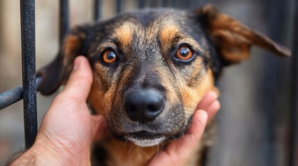 Poster - A kind hand gently strokes a shelter dog's face through the cage bars.  The dog's expressive eyes convey hope and longing.