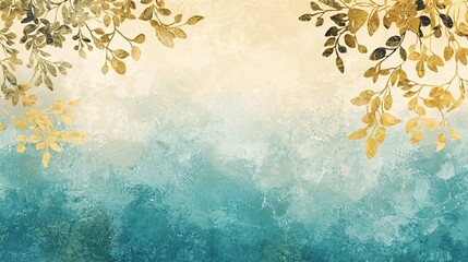 Aufkleber - Serene Botanical Background with Golden Leaves and Turquoise Gradient for Artwork