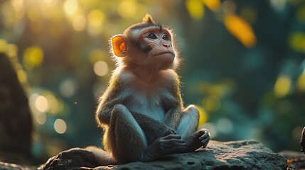 Poster - A young monkey sits on a rock, gazing thoughtfully into the golden sunlight filtering through the lush green foliage.