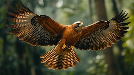 Wall Mural - A majestic red hawk in flight, wings spread wide, showcasing intricate feather patterns against a blurred forest backdrop.