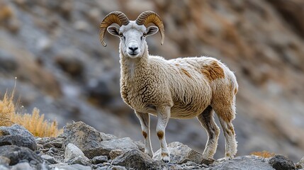 Majestic bighorn sheep standing on rocky mountain terrain, looking directly at the camera.