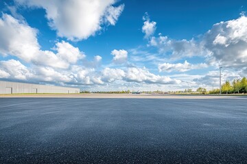 empty asphalt parking lot under a bright blue sky with fluffy clouds.