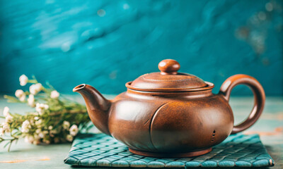 Wall Mural - a traditional chinese clay teapot stands against a turquoise wall