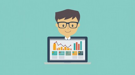 Poster - Person with Glasses Smiling at Laptop Showing Colorful Graphs