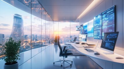 Poster - Modern Office Interior with City View and High-Tech Screens