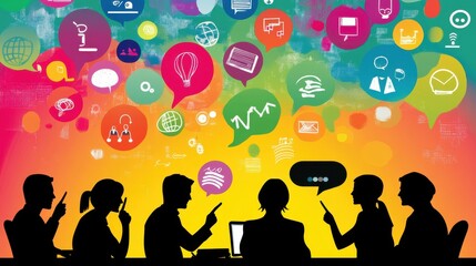 Poster - Silhouettes of People Engaged in Discussion with Colorful Icons