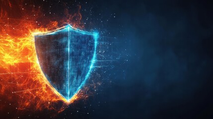 Poster - Digital Shield Symbol Against Dark Background with Fiery Effects