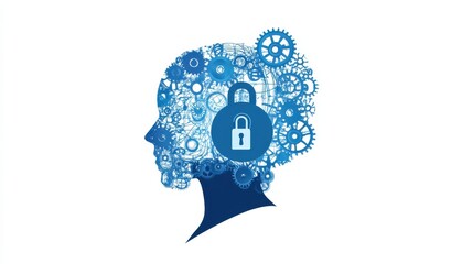 Poster - Profile silhouette with gears and padlock symbolizing secure thoughts