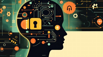 Poster - Silhouette of Human Head with Technology Circuitry and Lock Symbol