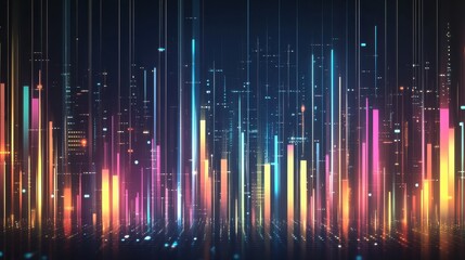 Aufkleber - Colorful Digital City Skyline with Vibrant Light Waves and Patterns