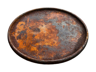 Wall Mural - Aged rusty circular metal plate with corroded texture, vintage industrial design element, antique material for creative projects isolated on transparent background.