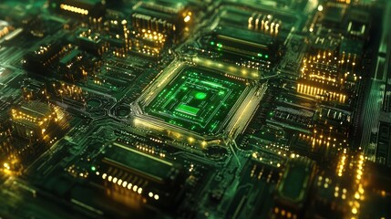 Poster - Futuristic Circuit Board with Bright Green and Gold Highlights