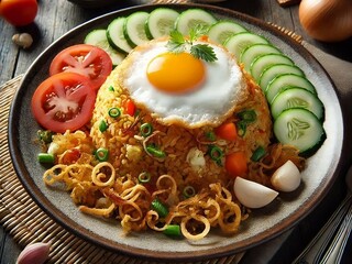 Wall Mural - Nasi Goreng (Fried Rice) with egg and tomato, cucumber, fried onion on a black plate. Indonesian food.