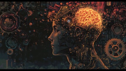 Poster - Futuristic Concept of Human Brain with Mechanical Elements and Gears