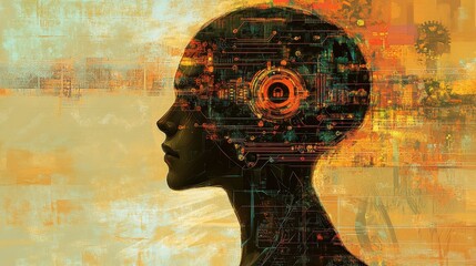 Poster - Futuristic Profile of a Silhouette with Digital Patterns and Symbols