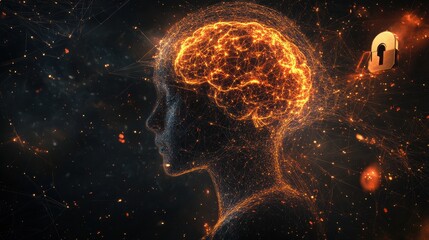 Poster - Human Brain Illustration with Network Connections and Security Lock