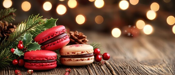 Festive macarons display cozy holiday setting food photography rustic background close-up view seasonal delight