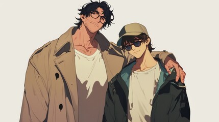  Two anime-style figures, one tall man with black hair and glasses in an oversized beige trench coat, and the other a shorter man with brown hair, sunglasses, and a baseball cap, set against a white b