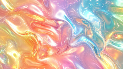 Poster - Iridescent neon background with holographic soft pastel colors blending in abstract chaos evoking a sense of futuristic beauty and transformation

