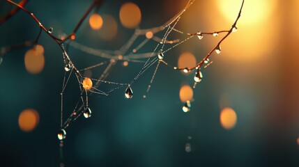 Aufkleber - Dewy Spider Web with Water Droplets Captured in Soft Light, Creating a Dreamlike Atmosphere of Nature's Beauty at Dawn or Dusk