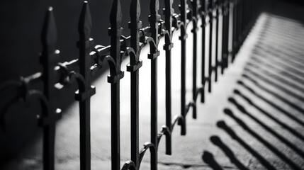 Poster - Black and White Shadow Play of a Metal Fence with Intricate Design Casting Shadows on the Ground in Soft Light Condition Highlighting Texture and Patterns