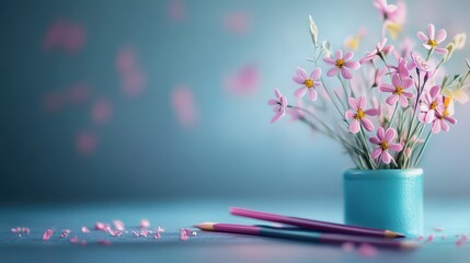 Poster - Charming pastel-colored arrangement of delicate pink flowers in a small pot with colored pencils, creating a serene and artistic atmosphere for creative inspiration
