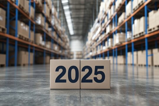 2025 year number standing in retail warehouse with cardboard boxes