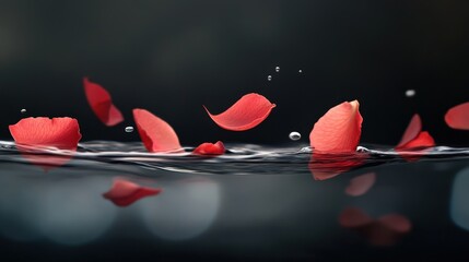 Poster - Elegant Red Rose Petals Floating Gently on Calm Water Surface, Capturing a Serene and Romantic Atmosphere with Beautiful Reflections and Soft Lighting