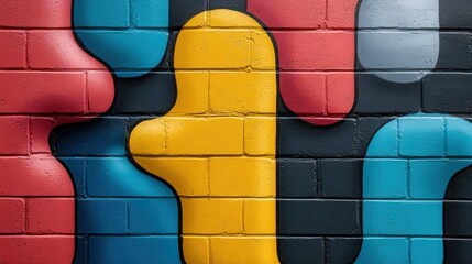 Poster - Abstract Colorful Wall Art Featuring a Vibrant Composition of Shapes and Forms in Blue, Red, Yellow, and Gray on a Textured Brick Background