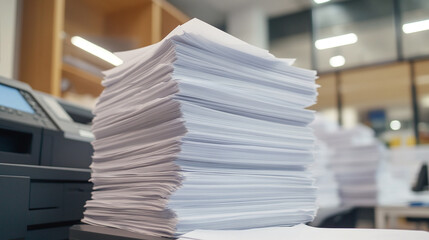 Pile of white papers next to printer in modern business office interior. job or workplace digital device machine technology equipment, for laser copy scan print, fax scanner, photocopier, printout.