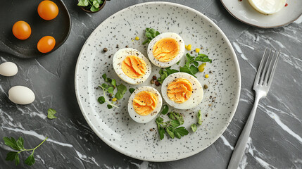 Wall Mural - Top view of boiled eggs meal on plate. healthy morning protein breakfast food, white and yolk, sliced cut in half, lunch or dinner gourmet cuisine.